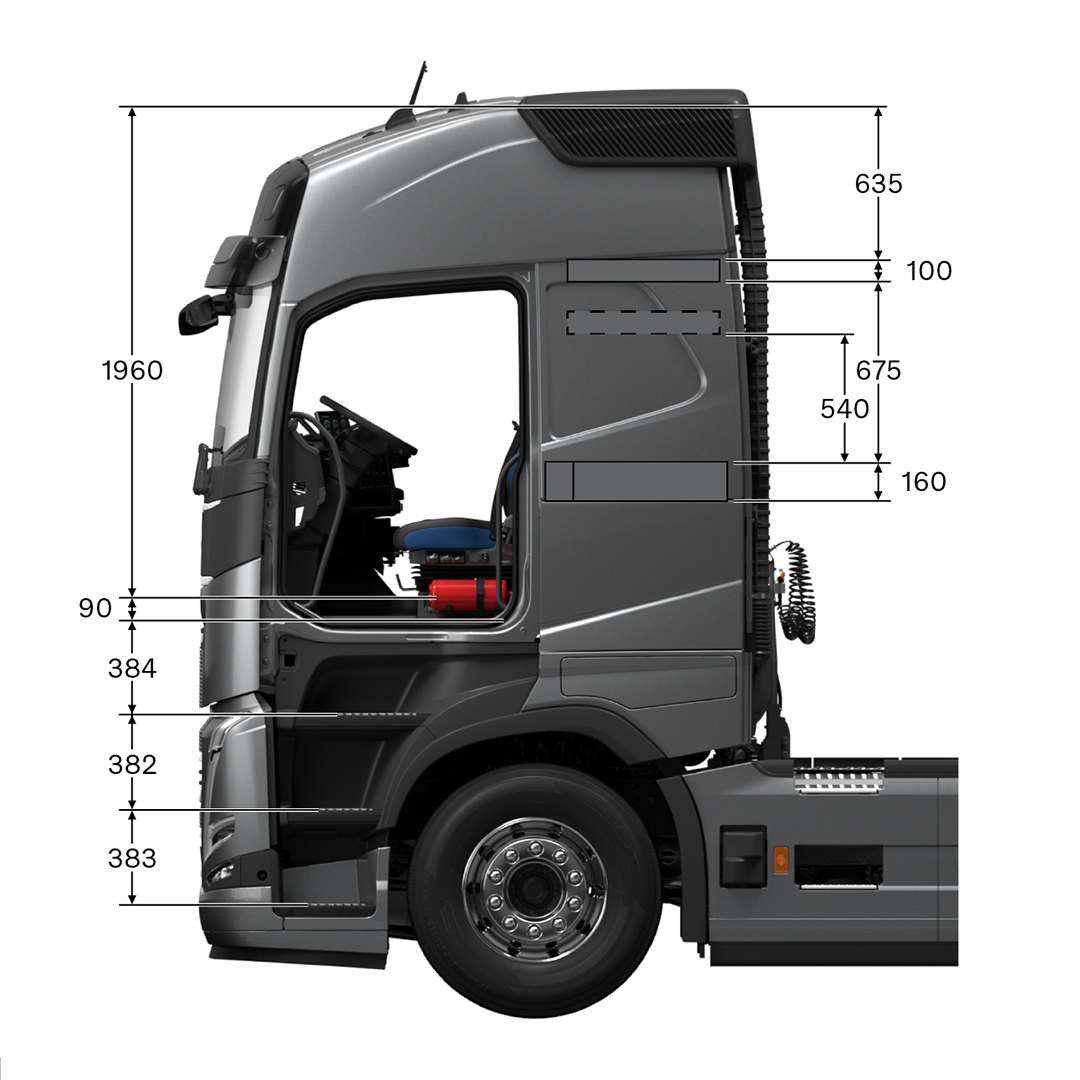 Volvo FH globetrotter cab with measurements, viewed from the side 